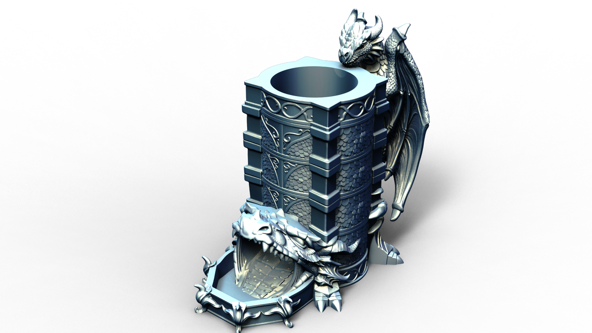 dice tower that can also hold a beverage can with dragon handle