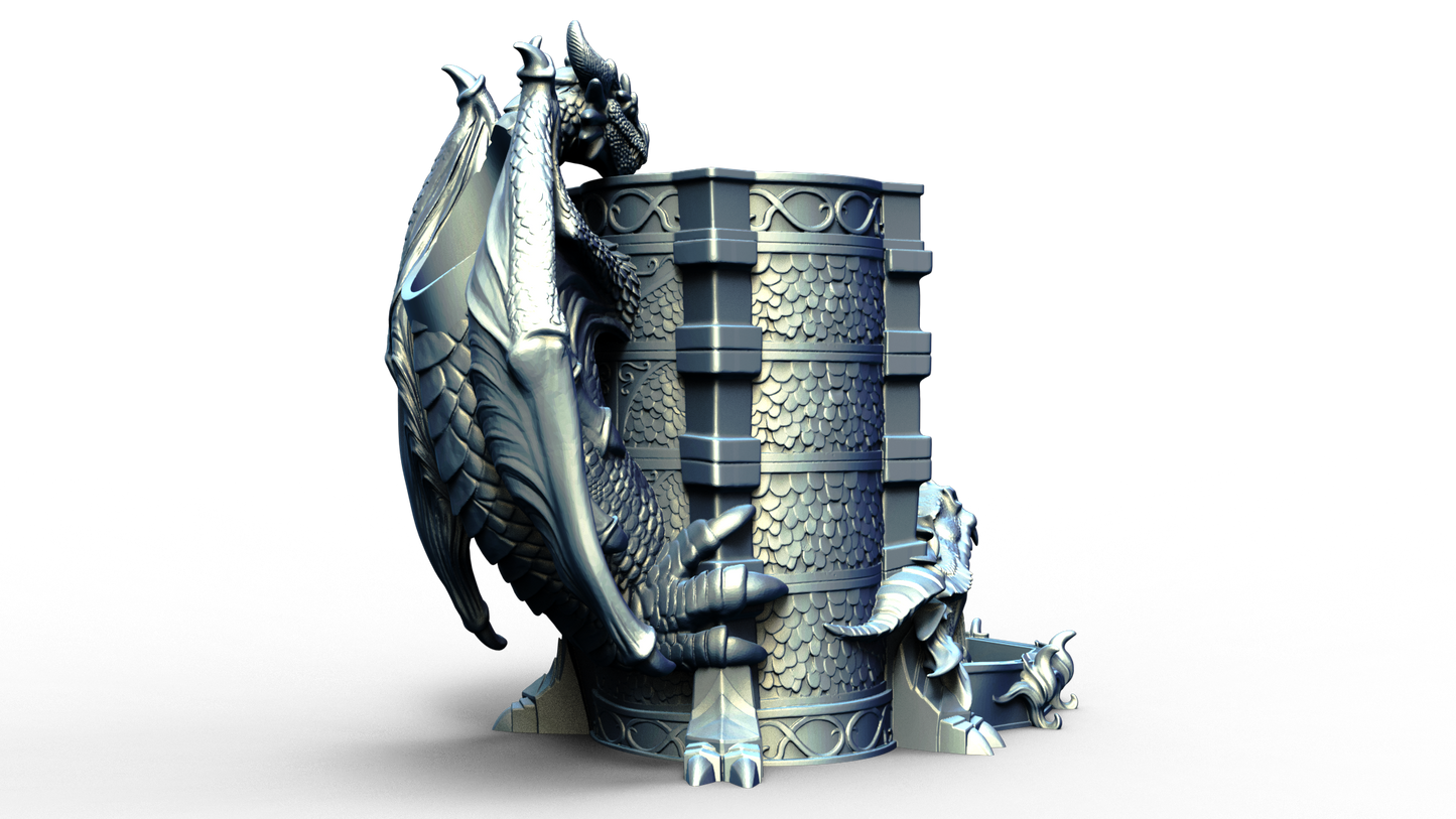 dice tower that can also hold a beverage can with dragon handle
