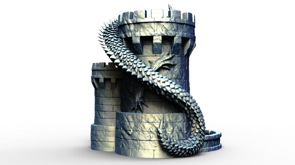 Combined dice tower and can holder shaped live a medieval turret with a dragon wrapped around it