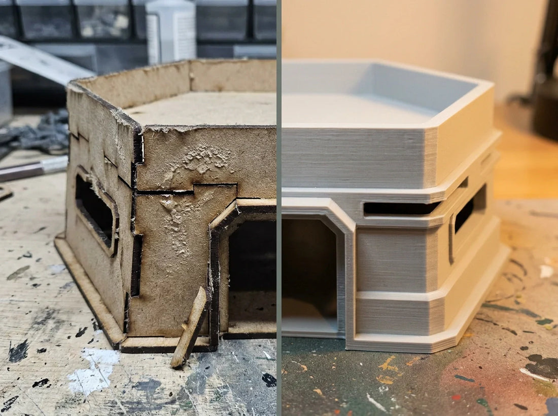 Side-by-side comparison of warped MDF terrain versus crisp 3D printed PLA terrain by GameCraft