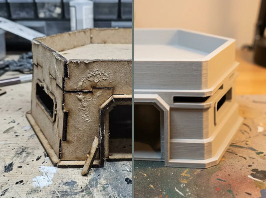 Side-by-side comparison of warped MDF terrain versus crisp 3D printed PLA terrain by GameCraft