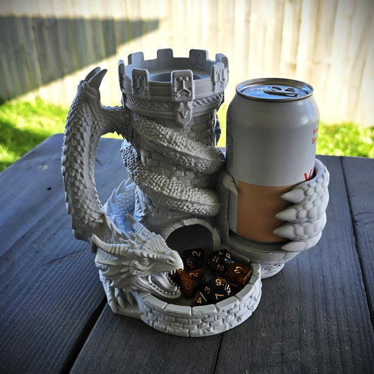 Grey dragon dice tower with integrated can holder, drink can and dice displayed in the front catching tray
