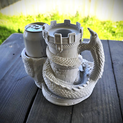 Grey dragon dice tower with integrated can holder, drink can and dice displayed in the front catching tray