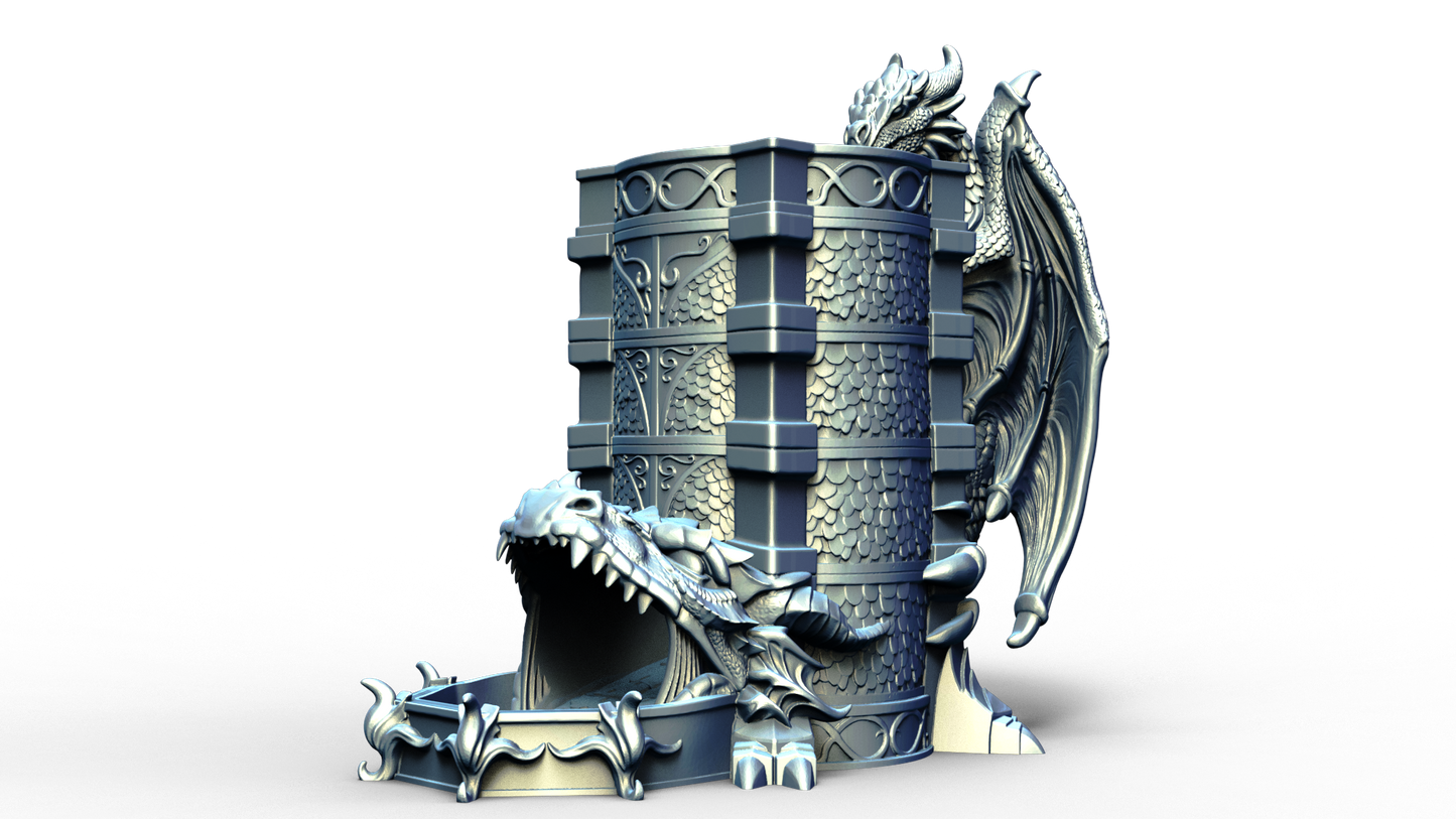 dice tower that can also hold a beverage can with dragon handle 