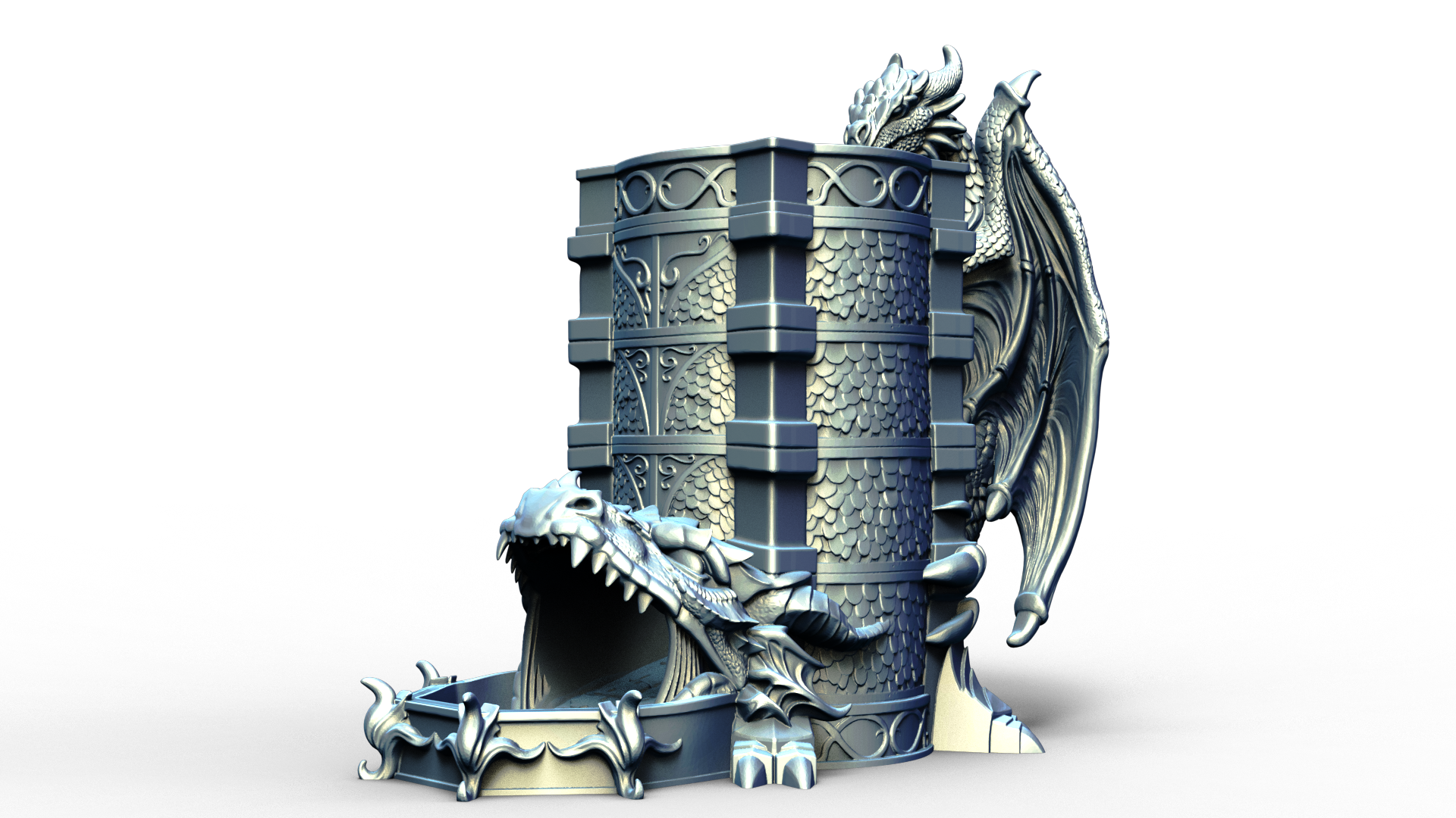 dice tower that can also hold a beverage can with dragon handle 