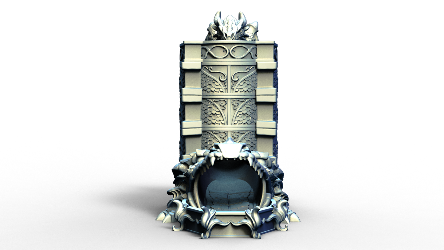 dice tower that can also hold a beverage can with dragon handle 