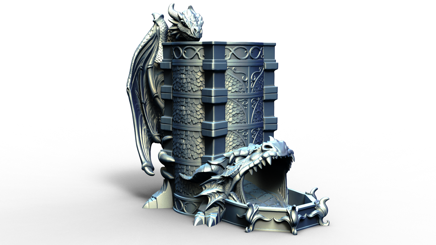 dice tower that can also hold a beverage can with dragon handle 
