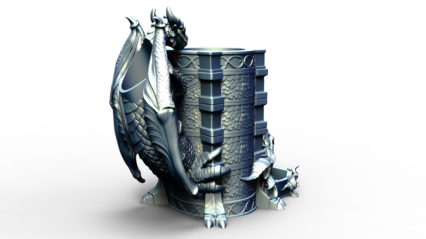 dice tower that can also hold a beverage can with dragon handle 