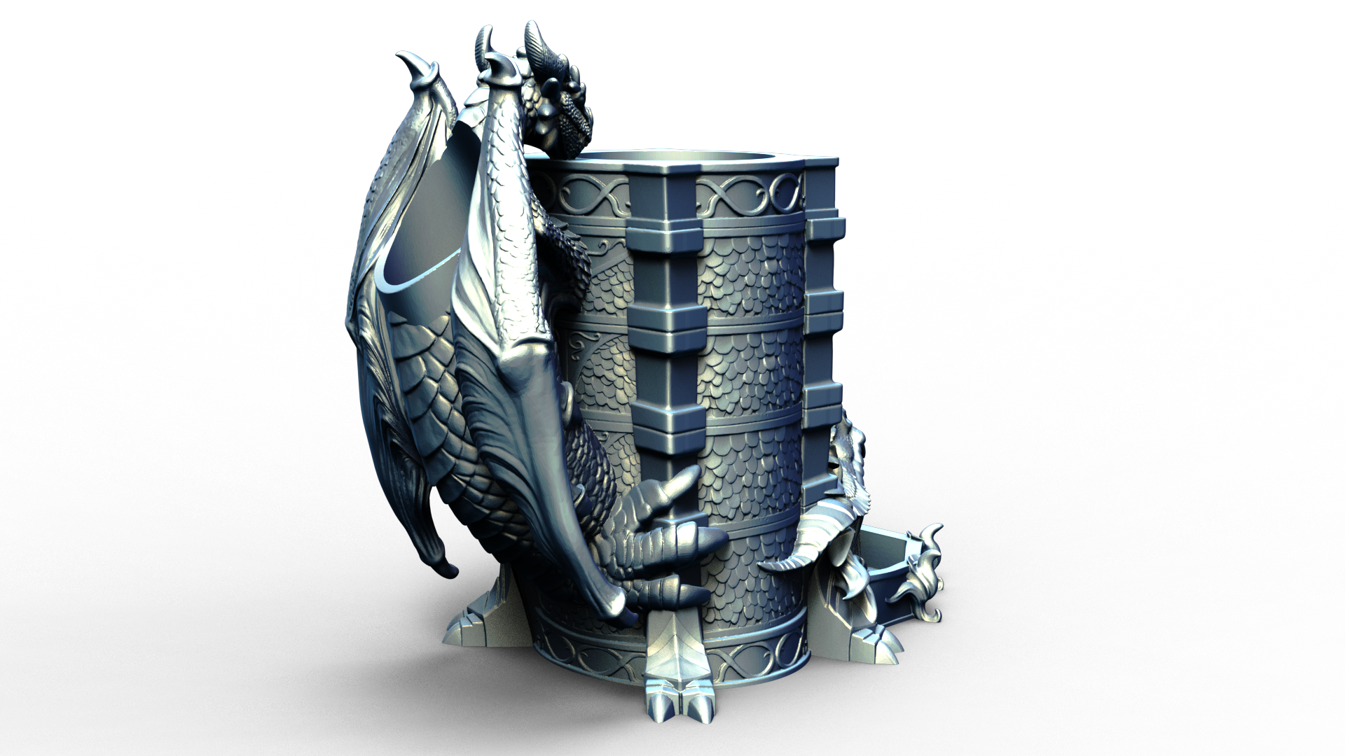 dice tower that can also hold a beverage can with dragon handle 