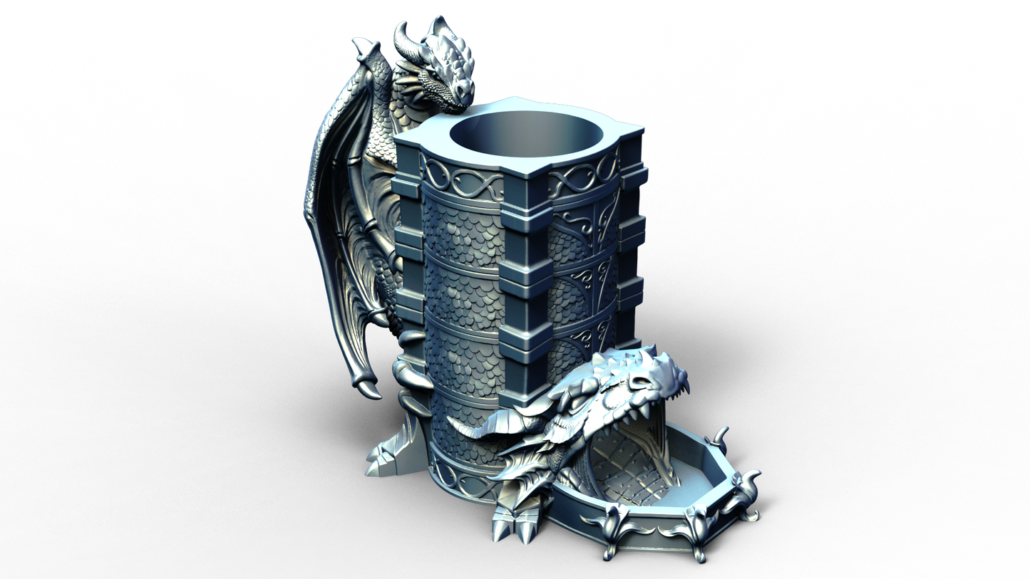 dice tower that can also hold a beverage can with dragon handle 