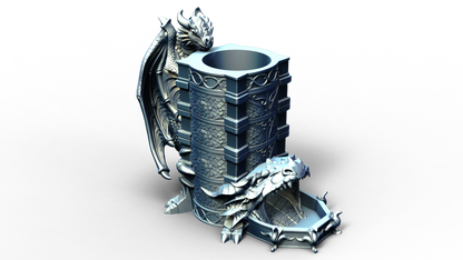 dice tower that can also hold a beverage can with dragon handle 