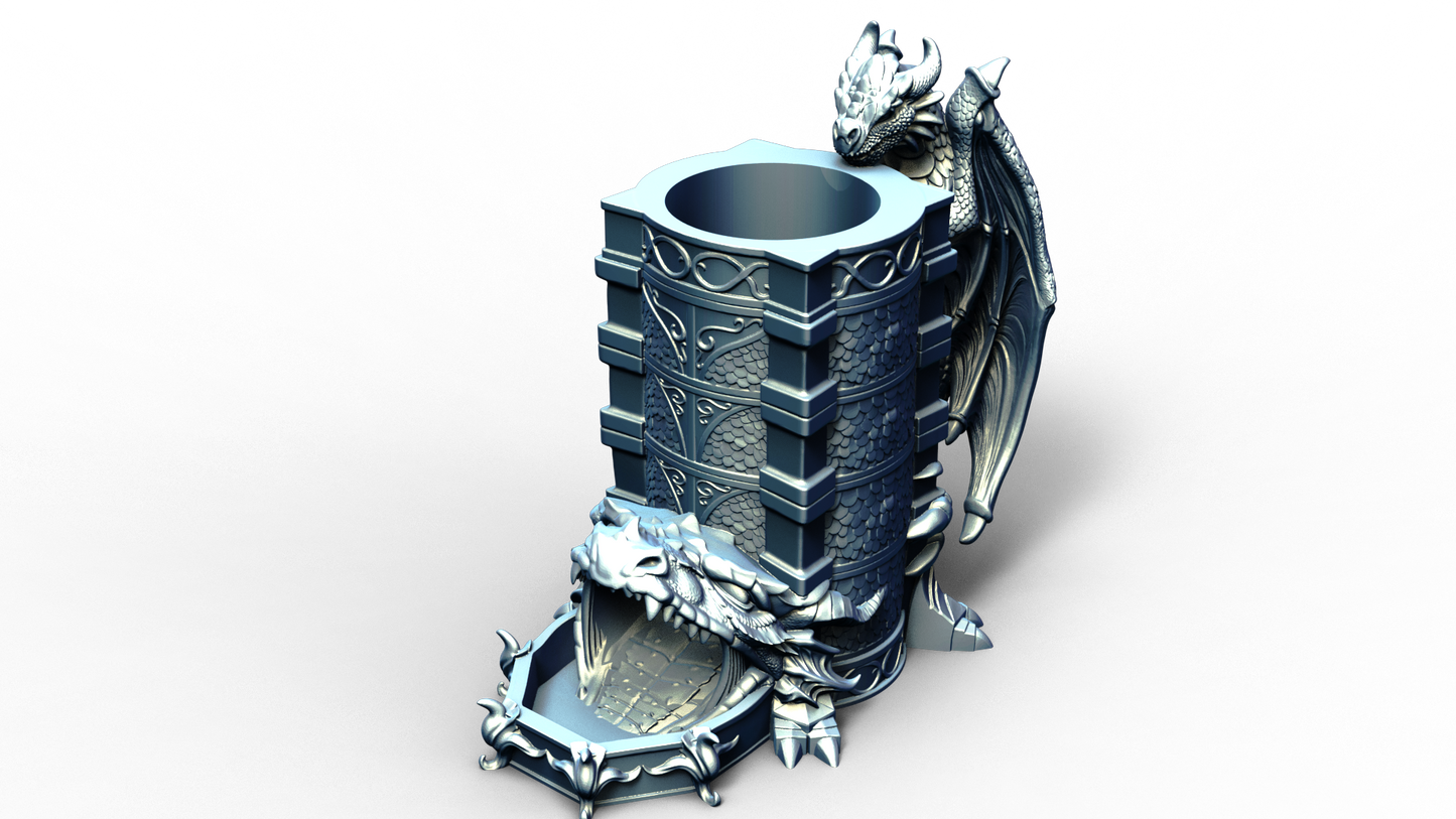 dice tower that can also hold a beverage can with dragon handle 