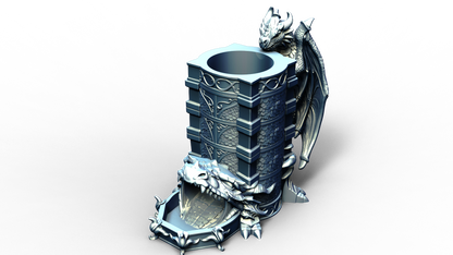 dice tower that can also hold a beverage can with dragon handle 