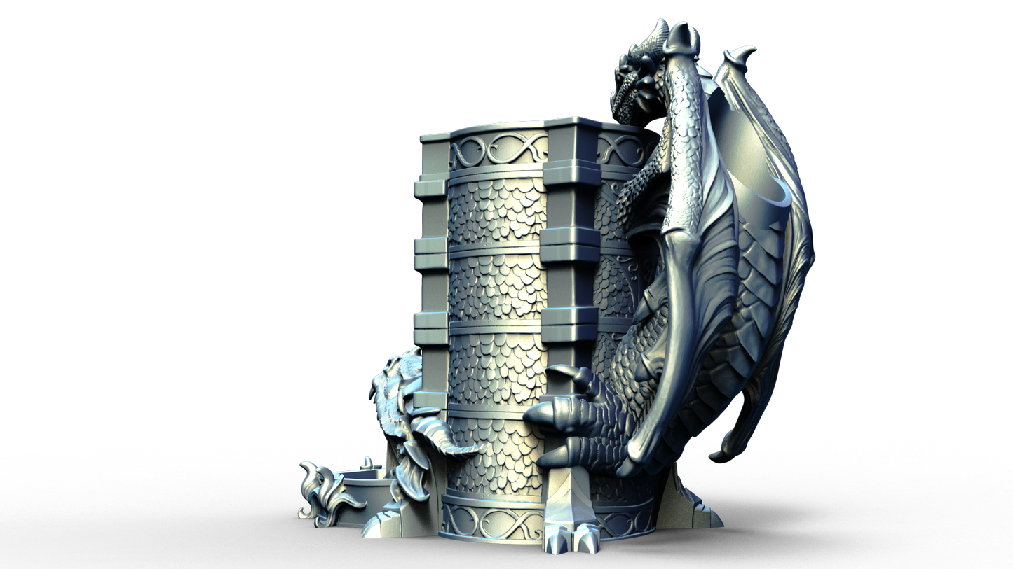 dice tower that can also hold a beverage can with dragon handle 