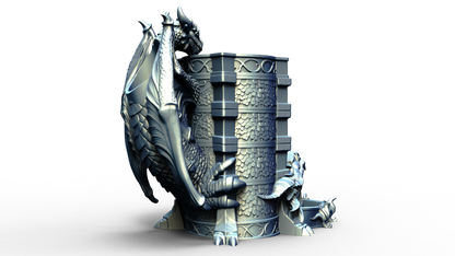 dice tower that can also hold a beverage can with dragon handle 
