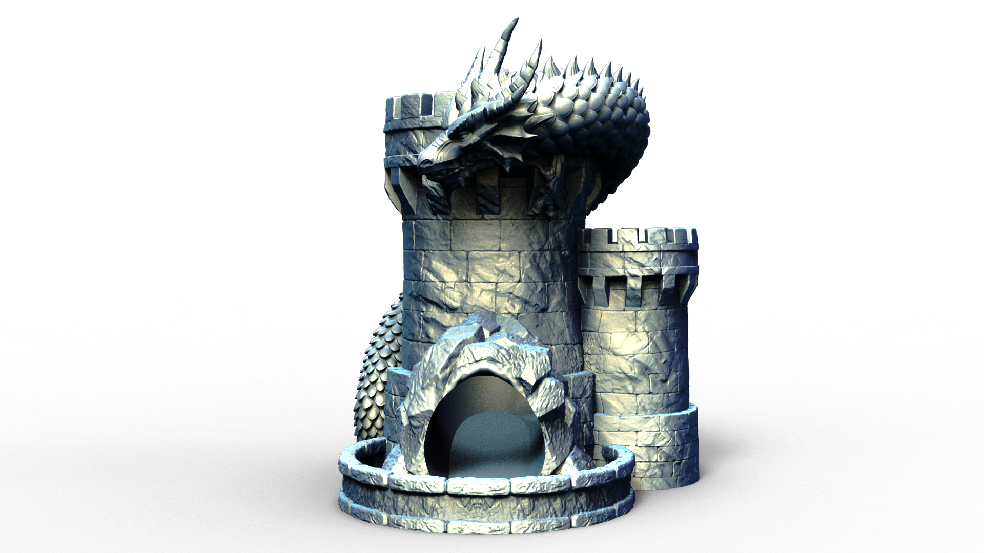 Combined dice tower and can holder shaped live a medieval turret with a dragon wrapped around it