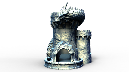 Combined dice tower and can holder shaped live a medieval turret with a dragon wrapped around it