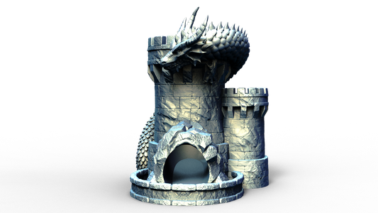 Combined dice tower and can holder shaped live a medieval turret with a dragon wrapped around it