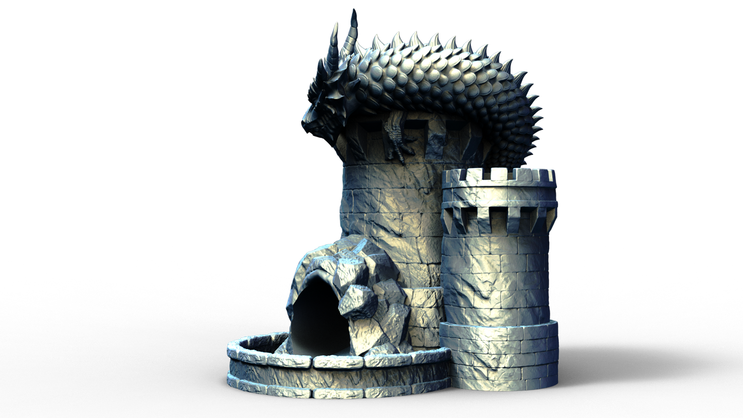 Combined dice tower and can holder shaped live a medieval turret with a dragon wrapped around it