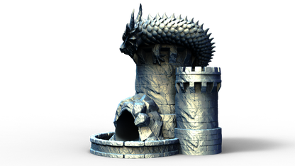 Combined dice tower and can holder shaped live a medieval turret with a dragon wrapped around it