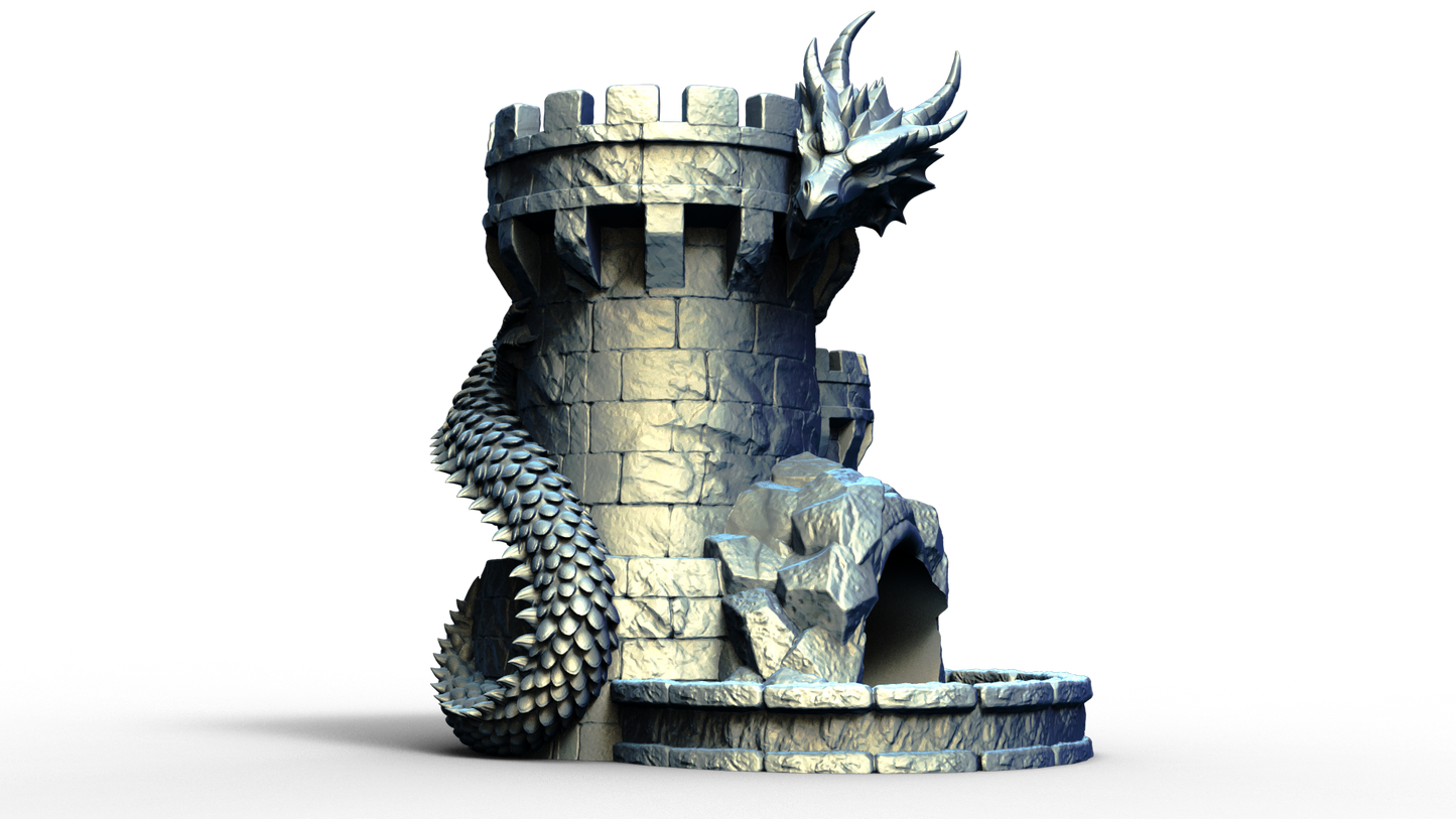 Combined dice tower and can holder shaped live a medieval turret with a dragon wrapped around it