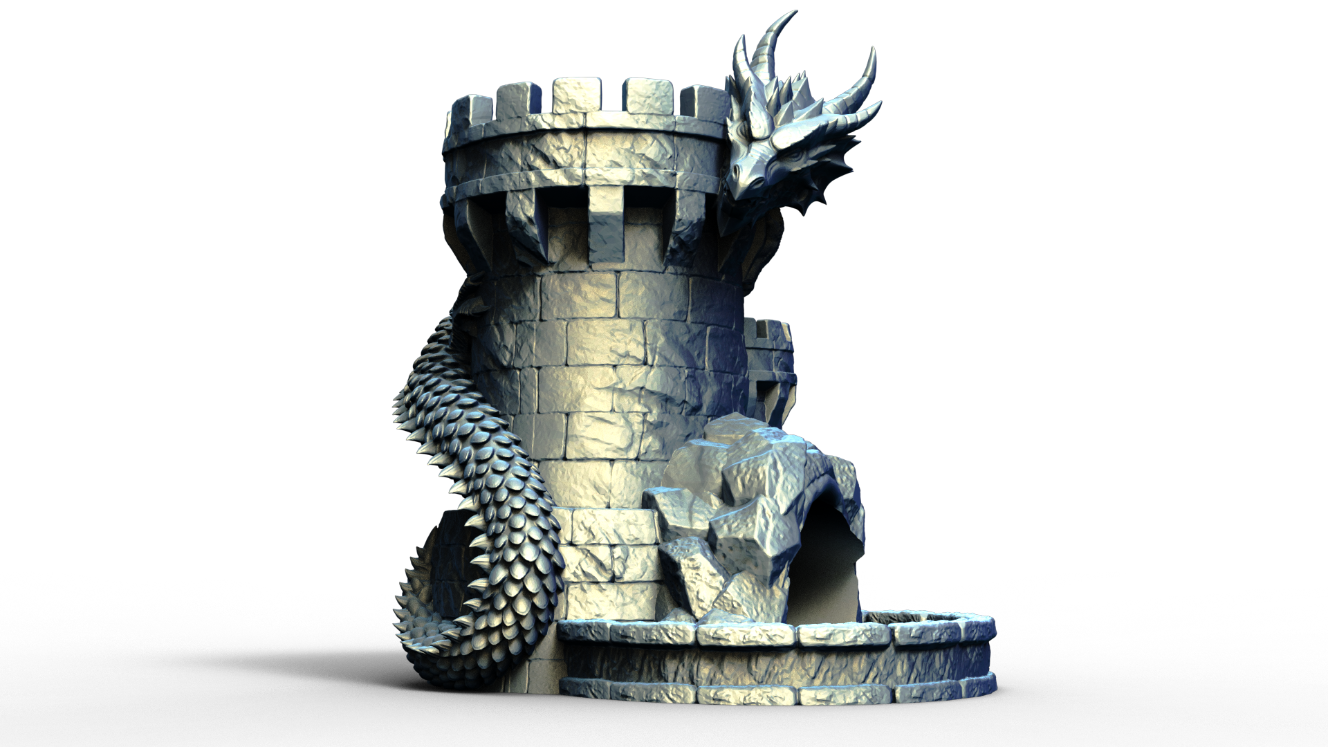 Combined dice tower and can holder shaped live a medieval turret with a dragon wrapped around it