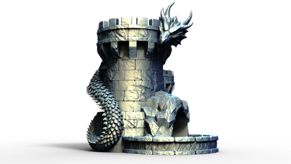 Combined dice tower and can holder shaped live a medieval turret with a dragon wrapped around it