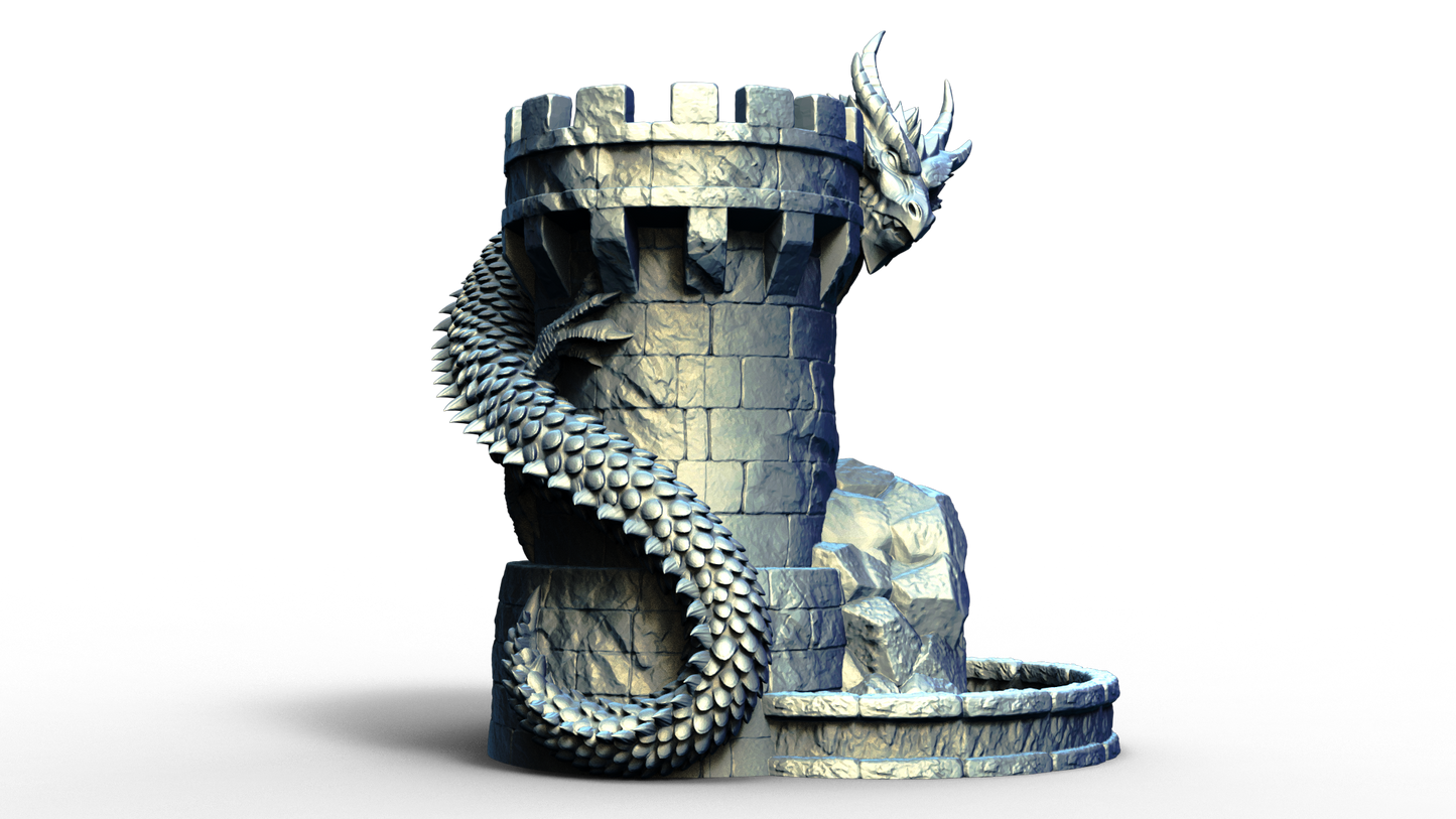 Combined dice tower and can holder shaped live a medieval turret with a dragon wrapped around it