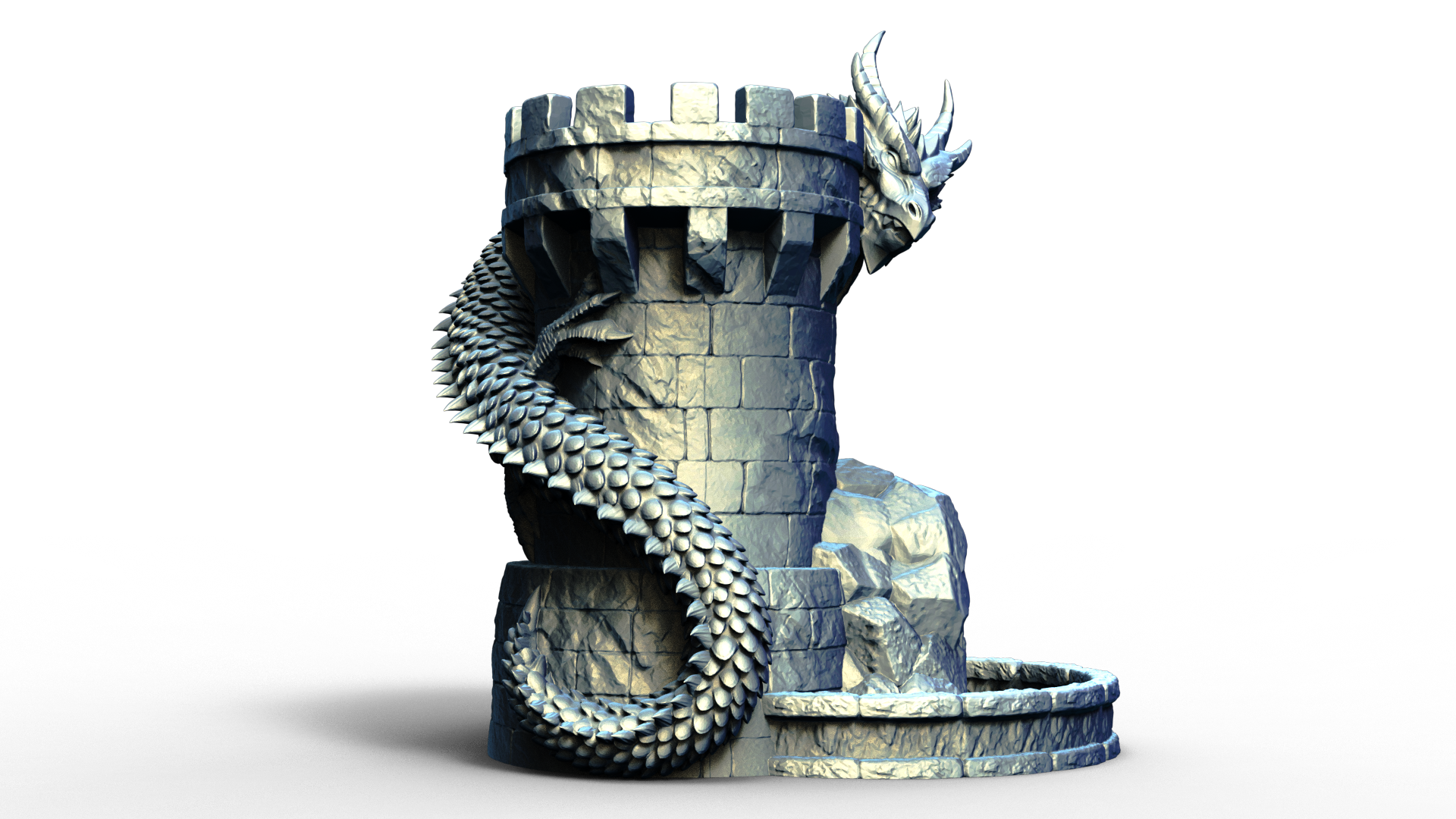Combined dice tower and can holder shaped live a medieval turret with a dragon wrapped around it