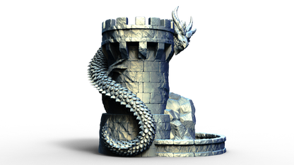 Combined dice tower and can holder shaped live a medieval turret with a dragon wrapped around it