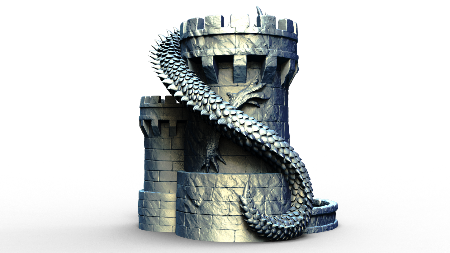 Combined dice tower and can holder shaped live a medieval turret with a dragon wrapped around it