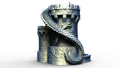 Combined dice tower and can holder shaped live a medieval turret with a dragon wrapped around it
