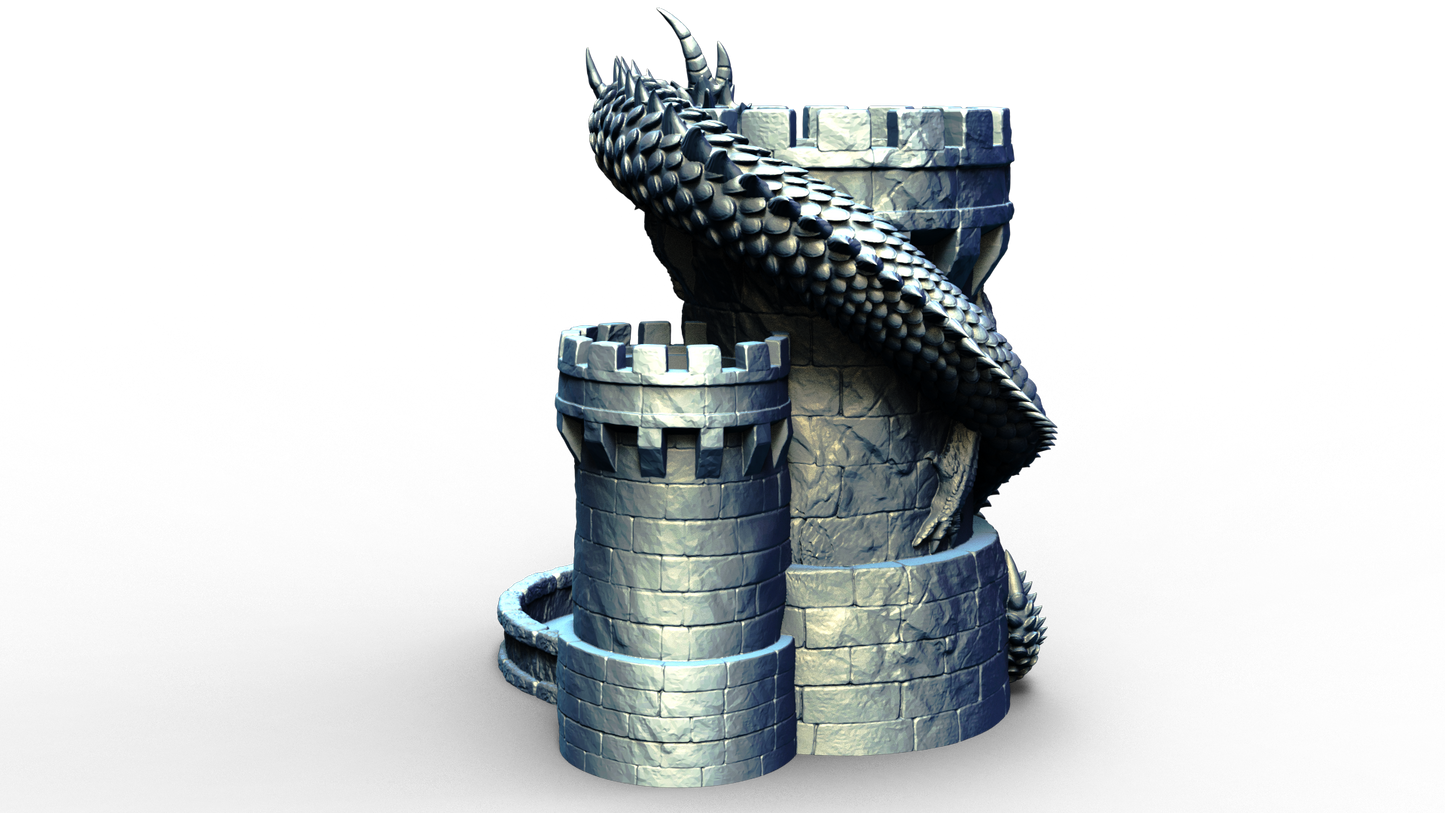 Combined dice tower and can holder shaped live a medieval turret with a dragon wrapped around it