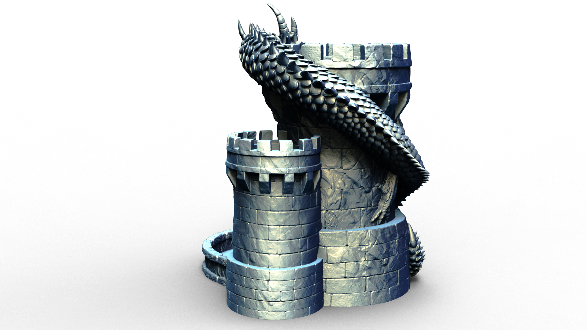 Combined dice tower and can holder shaped live a medieval turret with a dragon wrapped around it