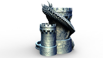 Combined dice tower and can holder shaped live a medieval turret with a dragon wrapped around it