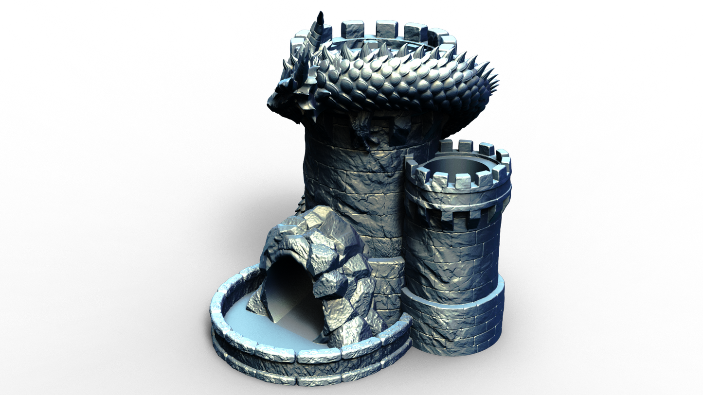 Combined dice tower and can holder shaped live a medieval turret with a dragon wrapped around it