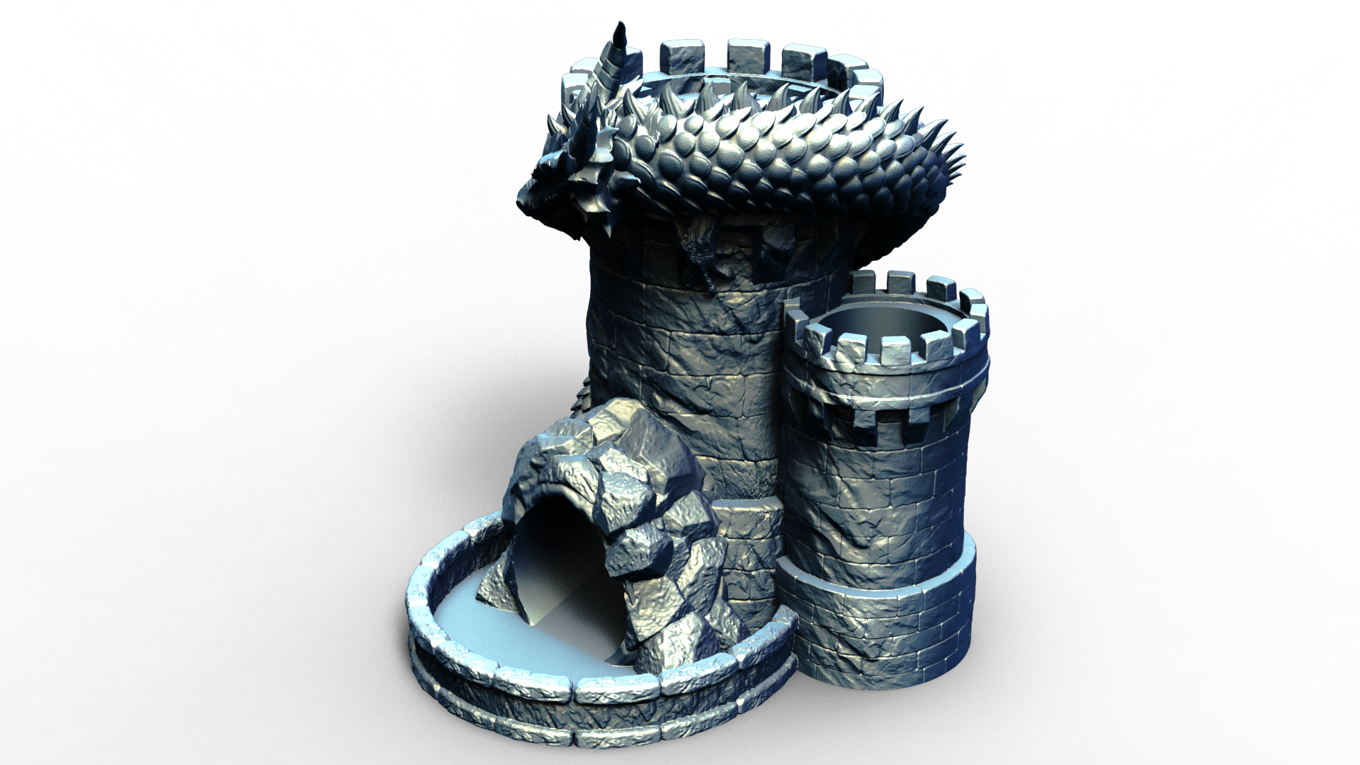 Combined dice tower and can holder shaped live a medieval turret with a dragon wrapped around it