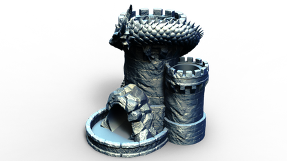 Combined dice tower and can holder shaped live a medieval turret with a dragon wrapped around it