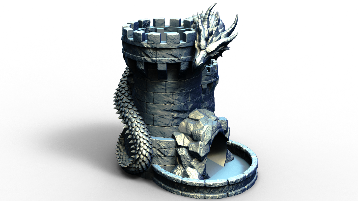 Combined dice tower and can holder shaped live a medieval turret with a dragon wrapped around it