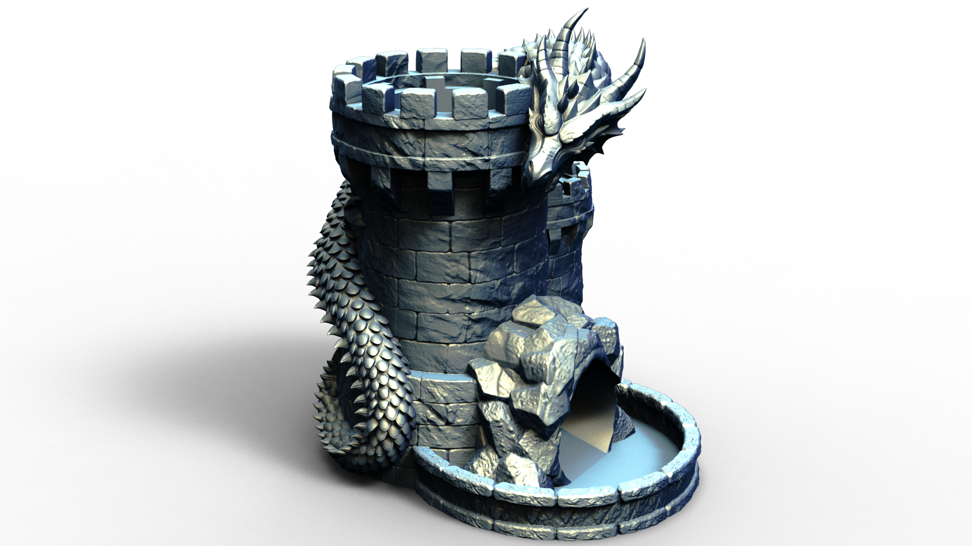 Combined dice tower and can holder shaped live a medieval turret with a dragon wrapped around it
