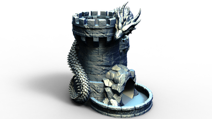 Combined dice tower and can holder shaped live a medieval turret with a dragon wrapped around it