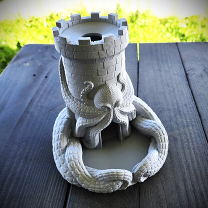Kraken wrapped around castle turret dice tower