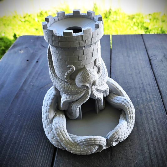 Kraken wrapped around castle turret dice tower