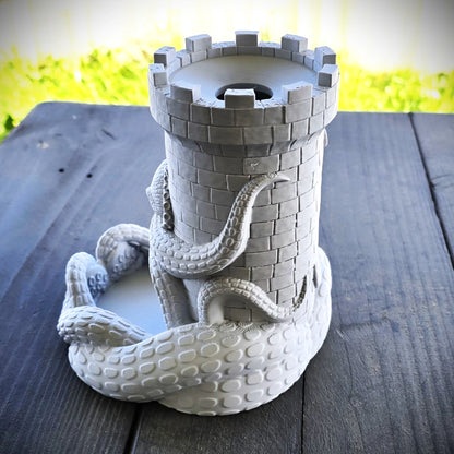 Kraken wrapped around castle turret dice tower