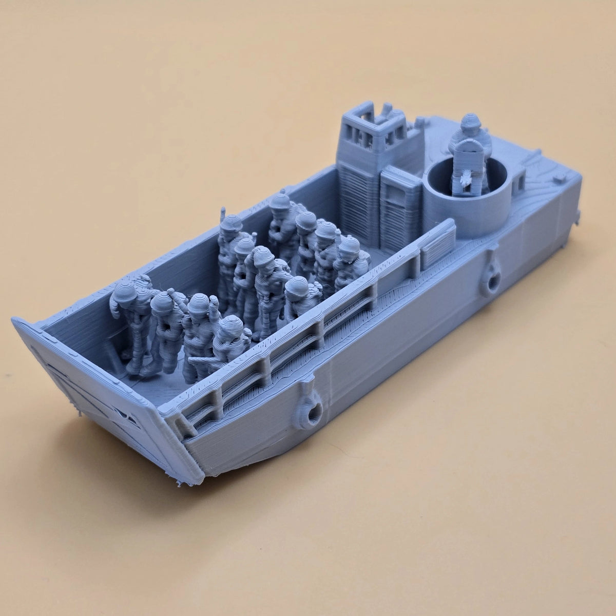15mm LCVP landing craft with raised ramp, crew and infantry figures