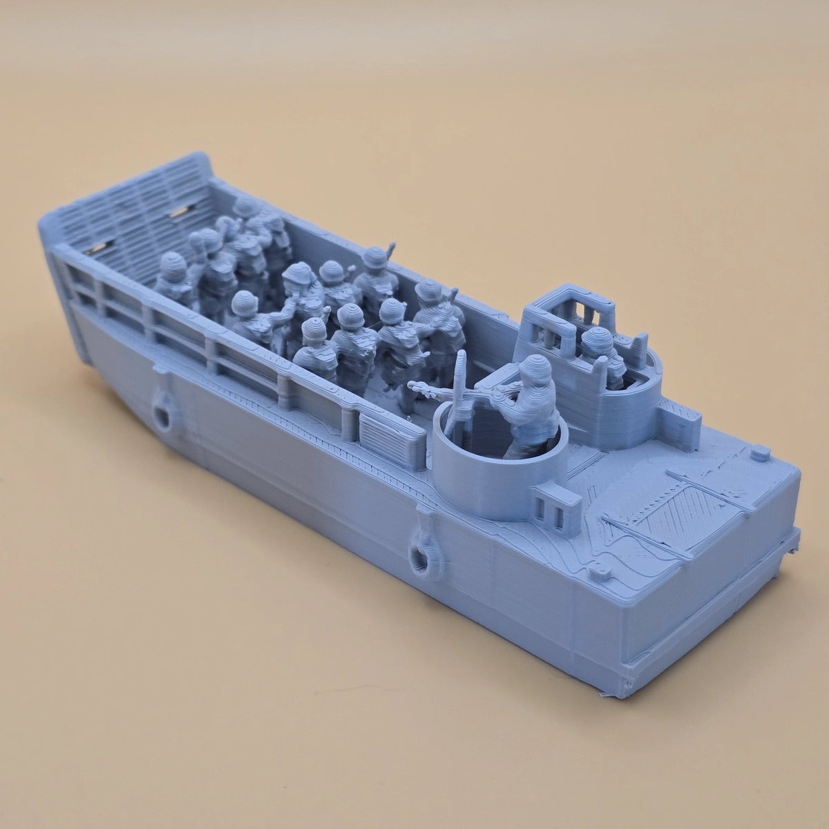15mm LCVP landing craft with raised ramp, crew and infantry figures