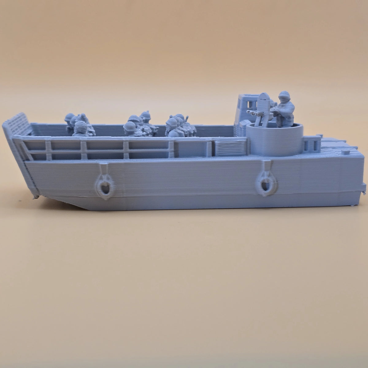 15mm LCVP landing craft with raised ramp, crew and infantry figures