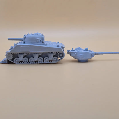 15mm M4 Sherman with separate 76mm and 105mm turrets and hedgerow cutter