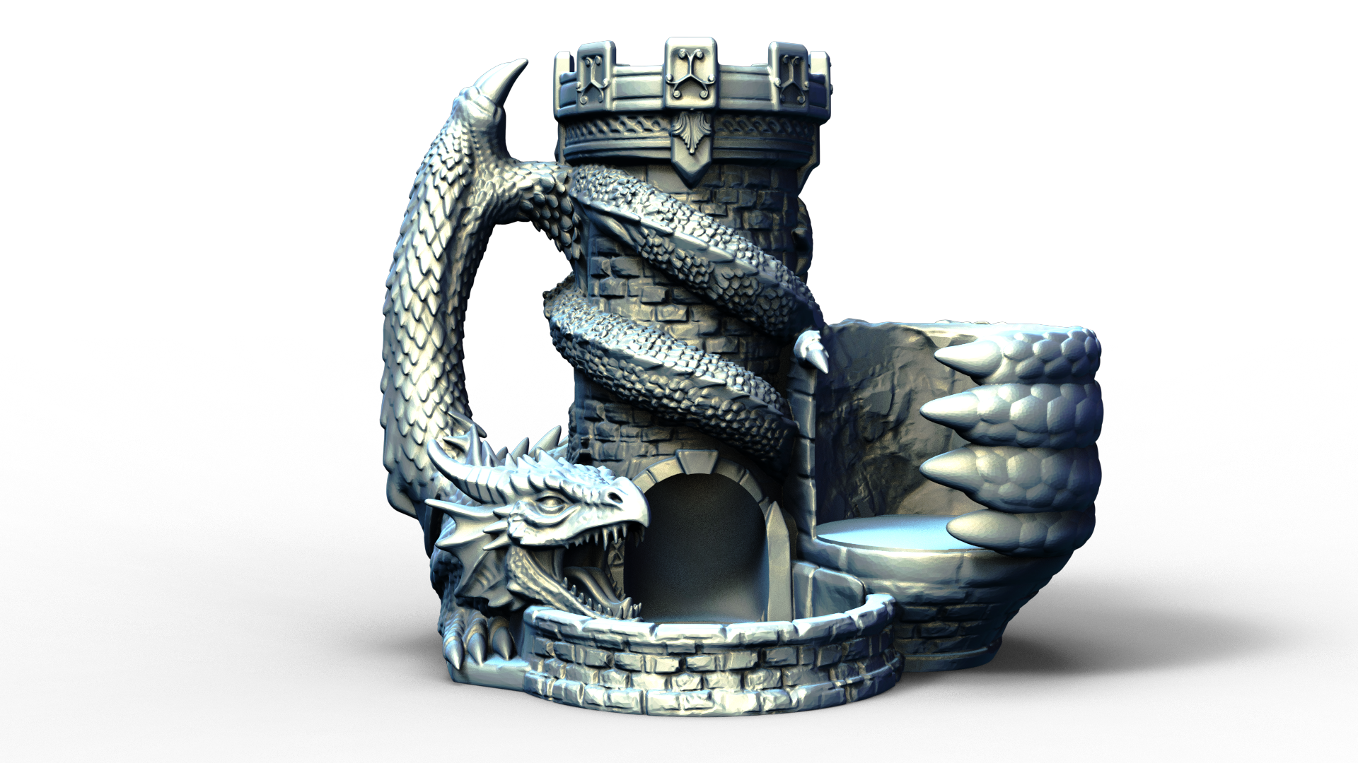 Combined dice tower and can holder with dragon wrapped around it