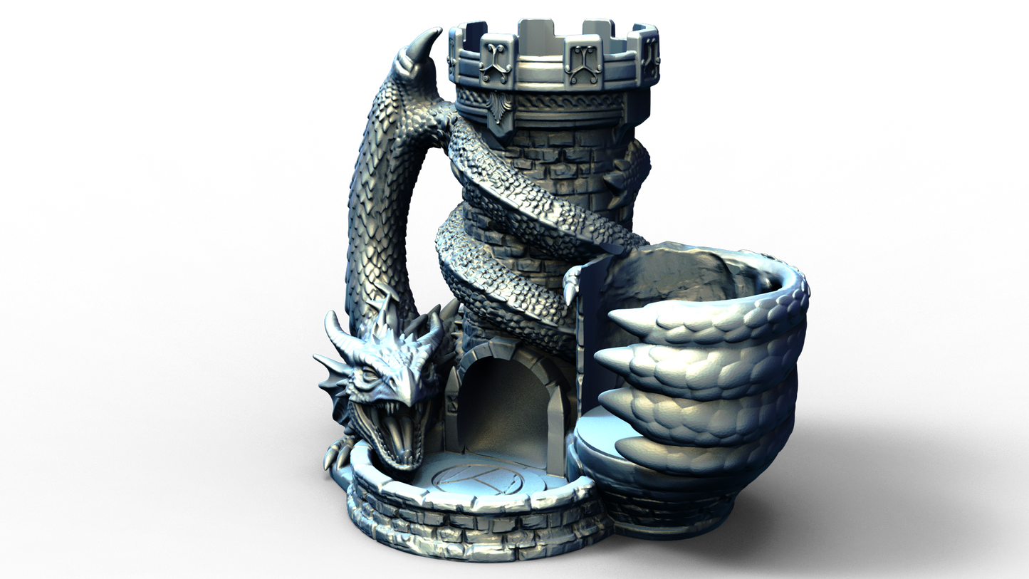 Combined dice tower and can holder with dragon wrapped around it